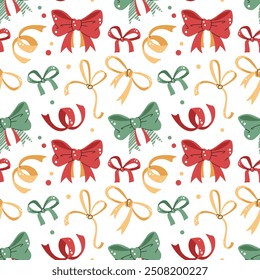 Seamless pattern with colorful bows and ribbons. Vector holiday texture in flat style. Merry Christmas and Happy New Year. Suitable for wallpaper, wrapping paper, fabric, etc.