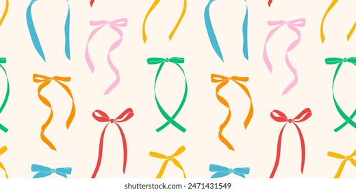 Seamless pattern of colorful bows in various shapes. Thin tied bows on a light background. Festive seamless pattern with bows in yellow, red, pink, orange, green, and blue colors. Vector