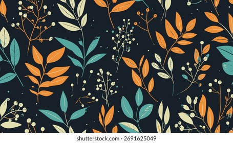 Padrão perfeito com ramos coloridos e folhas em um fundo escuro, perfeito para vários projetos criativos.