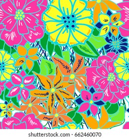 Seamless pattern with colorful bright exotic flowers. Jungle background. Patterns for edible icing sheets for covering cakes.