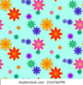 Seamless pattern. Colorful bright flowers on a pale blue background.