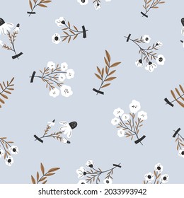 Seamless pattern. Colorful bright flowers on a set-blue background.Modern style. Vector illustration