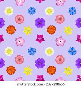 Seamless pattern. Colorful bright geometric flowers. A small rare pattern on a lilac background.