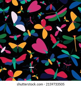 A seamless pattern of colorful bright insects, twigs, hearts. Perfect for wallpapers, gift paper, greeting cards, fabrics, textiles, web designs. Vector illustration. Hand drawn.