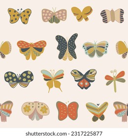 seamless pattern of colorful bright insects, twigs, hearts. Perfect for wallpapers, gift paper, greeting cards, fabrics, textiles, web designs. Vector illustration. Hand drawn.