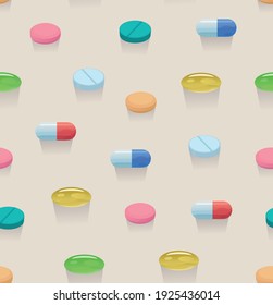 Seamless pattern with colorful bright pills and capsules.