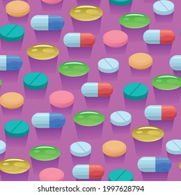 Seamless pattern with colorful bright pills and capsules.