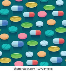 Seamless pattern with colorful bright pills and capsules.