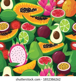 Seamless pattern with colorful bright tropical exotic fruits.