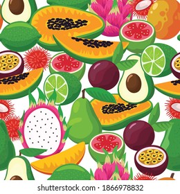 Seamless pattern with colorful bright tropical exotic fruits.