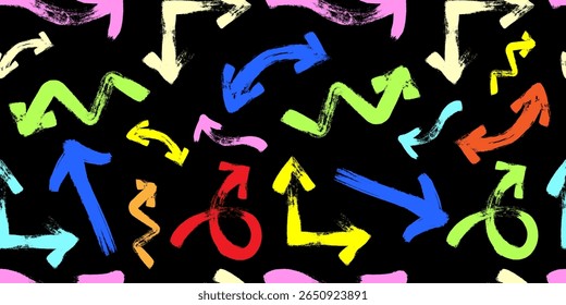 Patrón sin fisuras de flechas de pincel de colores en varias direcciones con estilo de textura grunge, ideal para fondos, empaques, textiles, papelería, Diseño web y proyectos de marca creativa. Vector