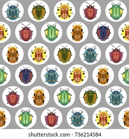 Seamless pattern with colorful bugs backdrop. Spotted beetles insect. Vector illustration