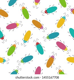 Seamless pattern with colorful bugs. Bright vector drawing of small beetles.