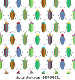 Seamless pattern with colorful bugs. Bright vector drawing of small beetles.