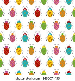Seamless pattern with colorful bugs. Bright vector drawing of small beetles.