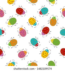 Seamless pattern with colorful bugs. Bright vector drawing of small beetles.