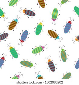 Seamless pattern with colorful bugs. Bright vector drawing of small beetles.