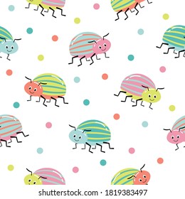 Seamless pattern with colorful bugs. Bright vector drawing of small beetles. Insect on the background with gray leaves.