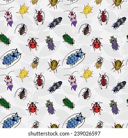 Seamless pattern with colorful bugs. Bright vector drawing of small beetles. Insect on the background with gray leaves. Cartoon bug wallpaper.