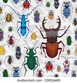 Seamless pattern with colorful bugs. Bright vector drawing of small beetles. Insect on the background with gray leaves. Cartoon bug wallpaper.