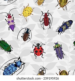 Seamless pattern with colorful bugs. Bright vector drawing of small beetles. Insect on the background with gray leaves. Cartoon bug wallpaper.