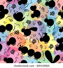 Seamless pattern with colorful bugs. Cartoon bug wallpaper.