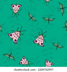Seamless Pattern with Colorful Bugs Insects.