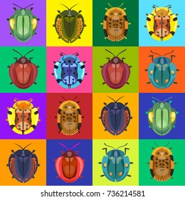 Seamless pattern with colorful bugs. Vector illustration in pop-art style, 