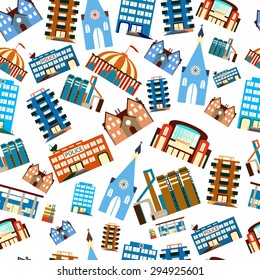 Seamless pattern with colorful buildings on white background. Factory, private house, apartment building, police station, gasoline station, circus, market, church. Vector illustration