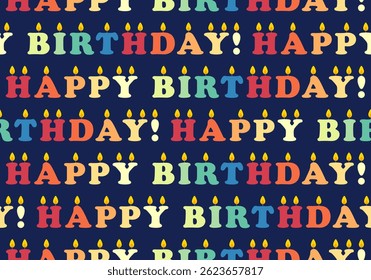 Seamless pattern with colorful burning birthday cake candles with different prints background. Holiday, anniversary celebration. Vector flat illustration for wallpaper, textile, packaging illustration
