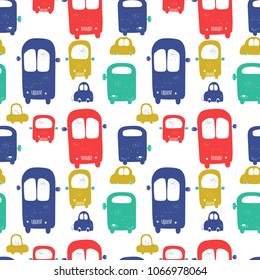 Seamless pattern with colorful buses and little cars
