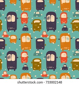 seamless pattern with colorful buses and little cars