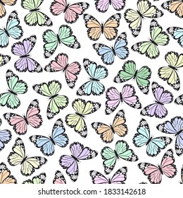 Seamless pattern of colorful butterflies. Background with butterflies. Vector illustration.