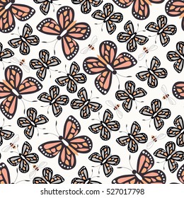 Seamless pattern with colorful butterflies and bees, nature life, vector illustration