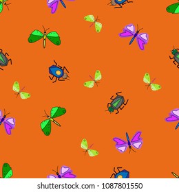 Seamless pattern of colorful butterflies and beetles on orange background