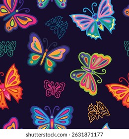 Seamless pattern with colorful butterflies in doodle cartoon style on dark background. Bright and playful illustration.