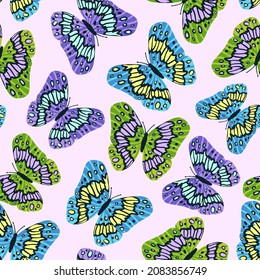 Seamless pattern with colorful butterflies in flat modern style. Hand drawn vector illustration for background. Texture for print, fabric, textile, wallpaper.