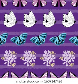 Seamless pattern of colorful butterflies and flowers on purple stripes background