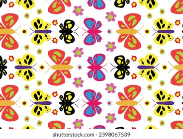 A seamless pattern of colorful butterflies and flowers on a white background. Illustrations vector.