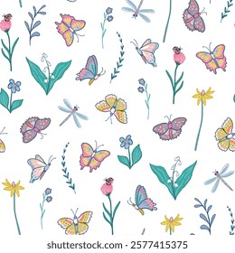 Seamless pattern with colorful butterflies and flowers. Vector illustration.