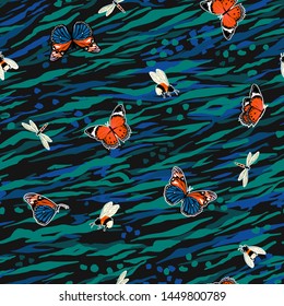 Seamless pattern of colorful butterflies flying on animal leopard and zebra skin hand drawn brush  ,vector design for fashion,fabric,wallpaper,and all prints on black 