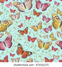 Seamless pattern with colorful butterflies flying. Vector illustration.