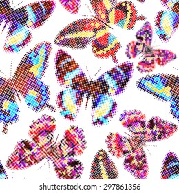 Seamless pattern with colorful butterflies. Halftone effect. Vector illustration, EPS10.