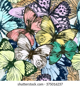 Seamless pattern with colorful butterflies. Halftone effect. Vector illustration, EPS10.