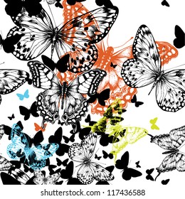 Seamless pattern with colorful butterflies, hand drawing. Vector illustration.
