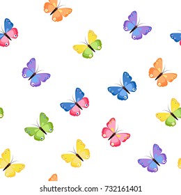 Seamless pattern with colorful butterflies isolated on white background. Pretty vector butterfly spring