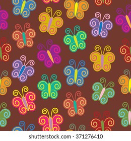 A seamless pattern of colorful butterflies made with swirly shapes.
