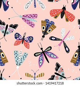 Seamless pattern with colorful butterflies and mothes. Creative for fabric, wrapping, textile, wallpaper, apparel. Vector illustration