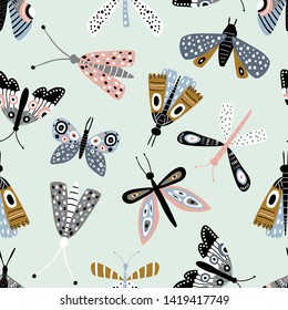 Seamless pattern with colorful butterflies and mothes. Creative mint texture for fabric, wrapping, textile, wallpaper, apparel. Vector illustration