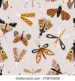 Seamless pattern with colorful butterflies and mothes in retro colors. Creative for fabric, wrapping, textile, wallpaper, apparel. Vector illustration